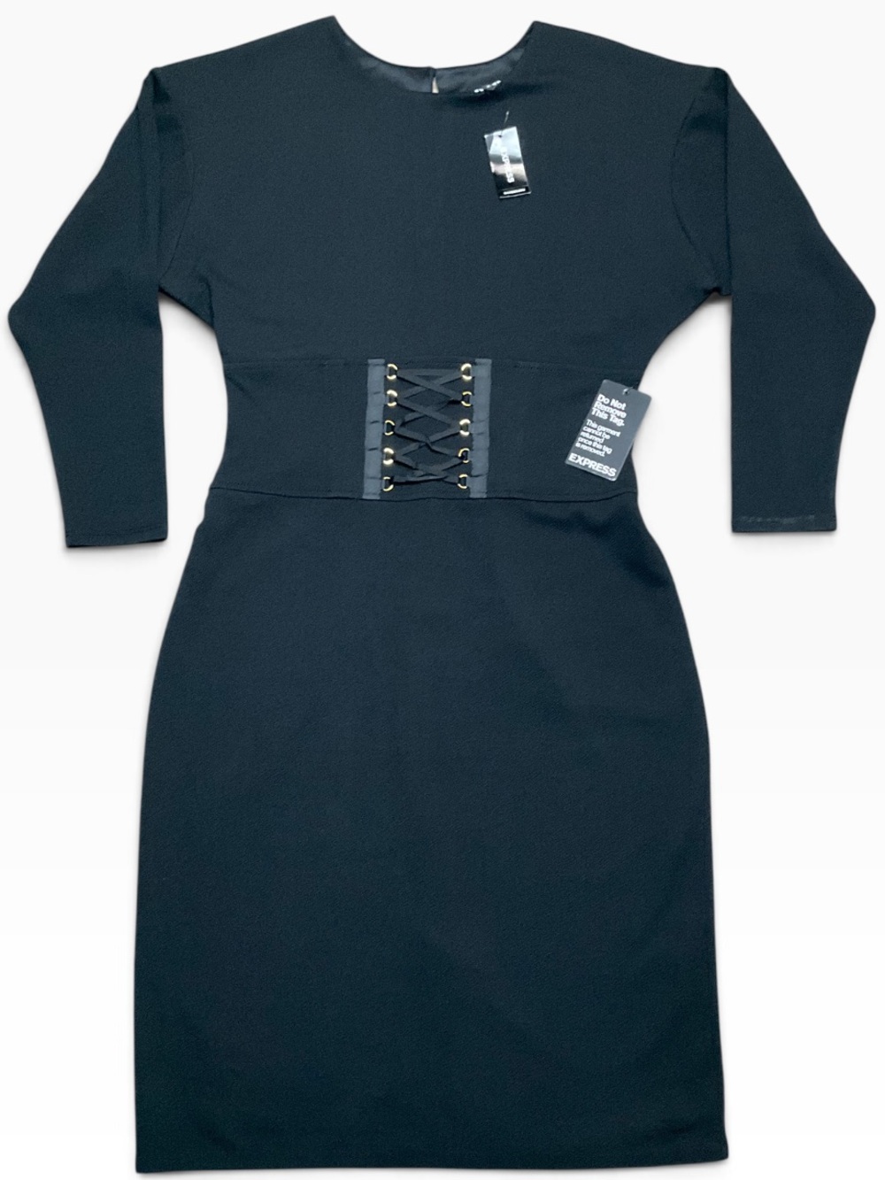 Express Black Long-Sleeve Lace-Up Waist Sheath Dress Size Medium NWT